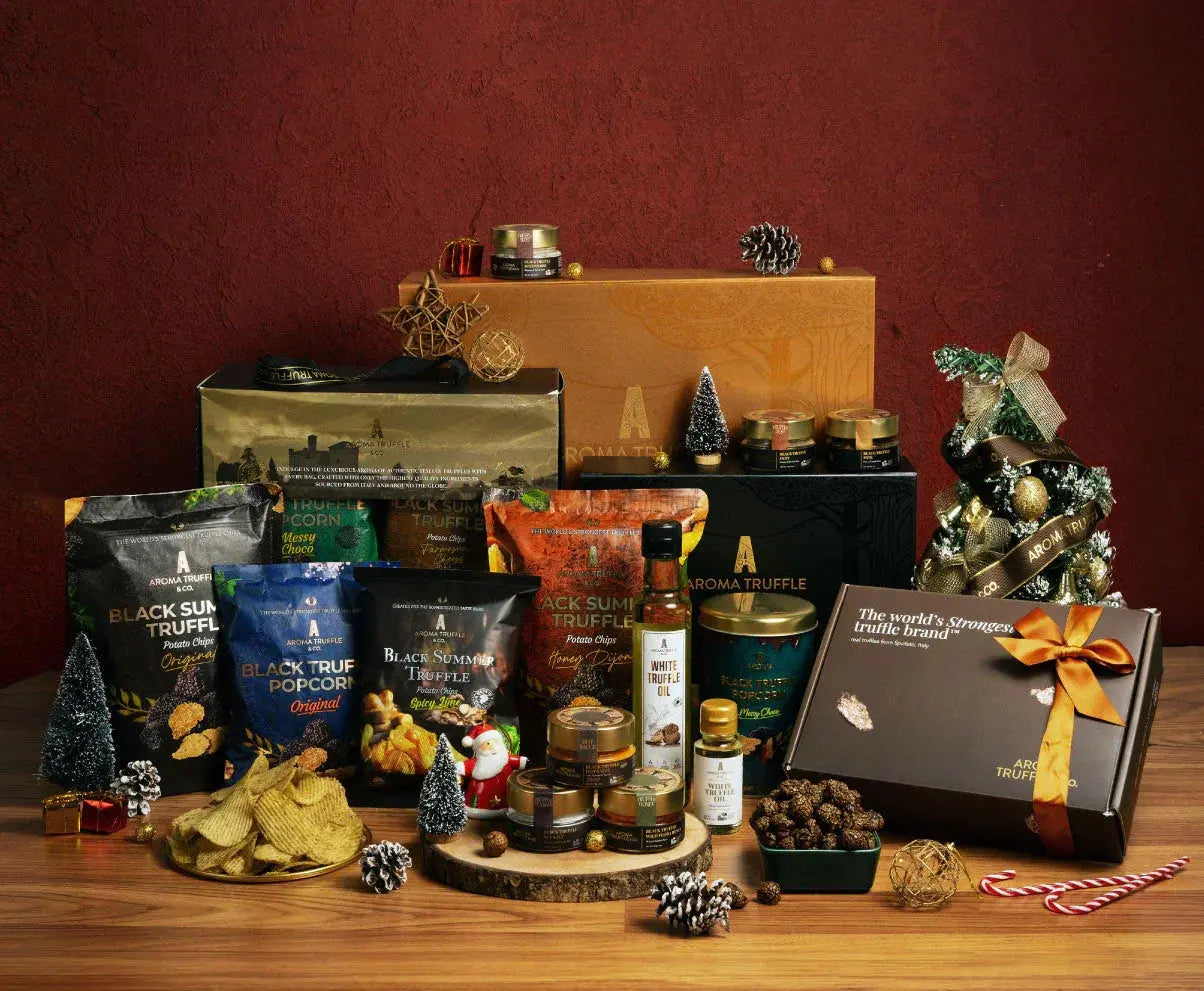 Aroma Truffle products on red background