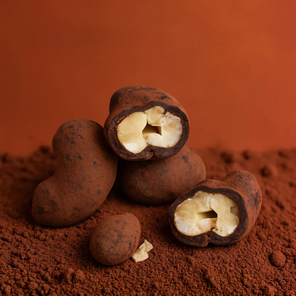 75% Dark Chocolate Roasted Cashew on a cocoa powder
