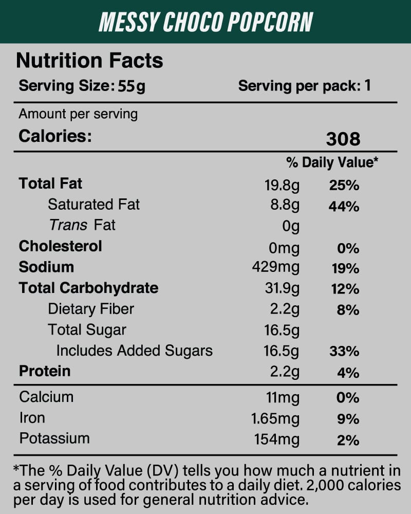 Nutrition Facts of Black Truffle Popcorn - Messy Choco (Dark 60% Chocolate)