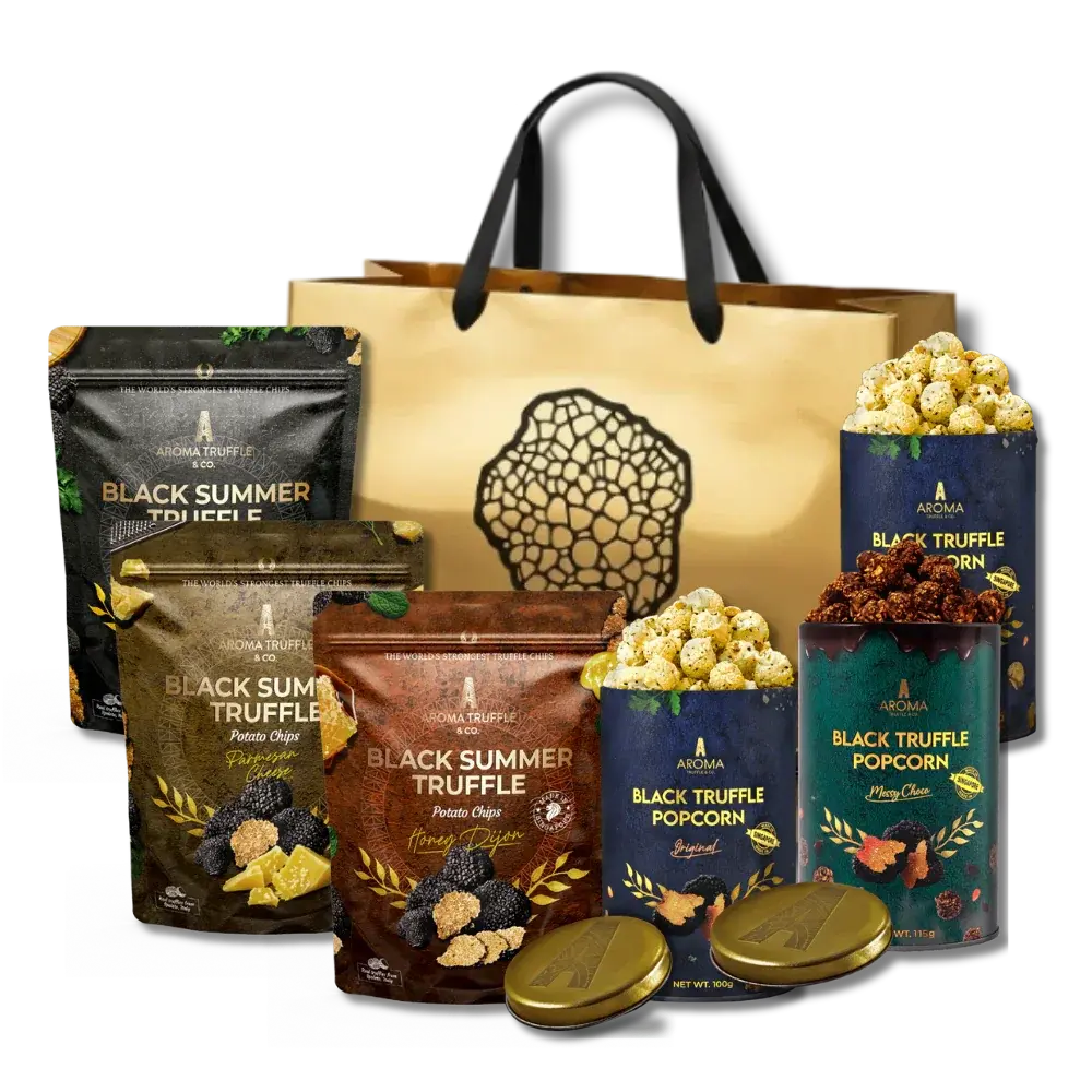 Aroma Truffle The Ultimate Snacker's Mix with 3 Truffle Popcorns and 3 Truffle Chips for gourmet snacking or gifting a gift box